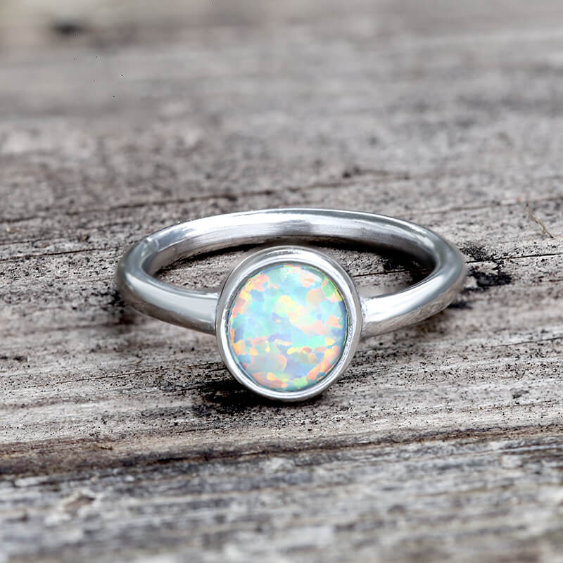 Minimalist Round Opal Stainless Steel Gemstone Ring
