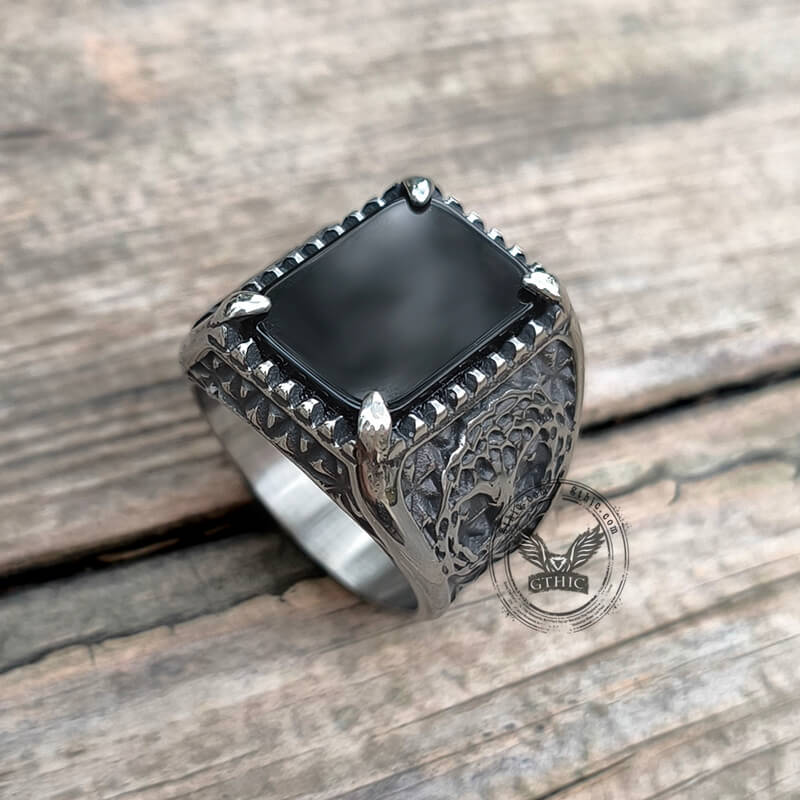 Tree Of Life Onyx Stainless Steel Viking Ring