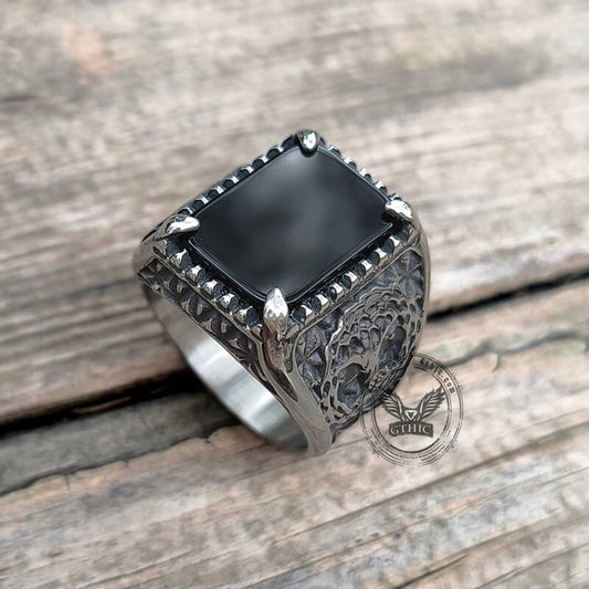 Tree Of Life Onyx Stainless Steel Viking Ring