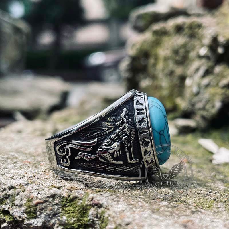 Viking Runes Wolf and Raven Stainless Steel Ring