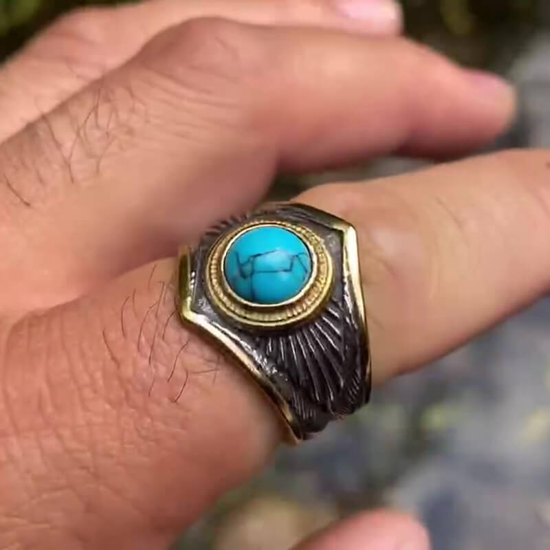 Vintage Feather Inlaid Turquoise Stainless Steel Ring