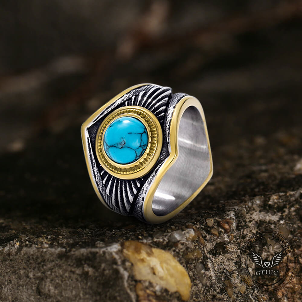 Vintage Feather Inlaid Turquoise Stainless Steel Ring