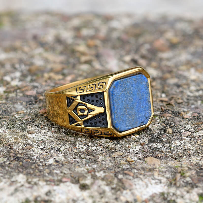 Vintage Frosted Lapis Lazuli Masonic Stainless Steel Ring