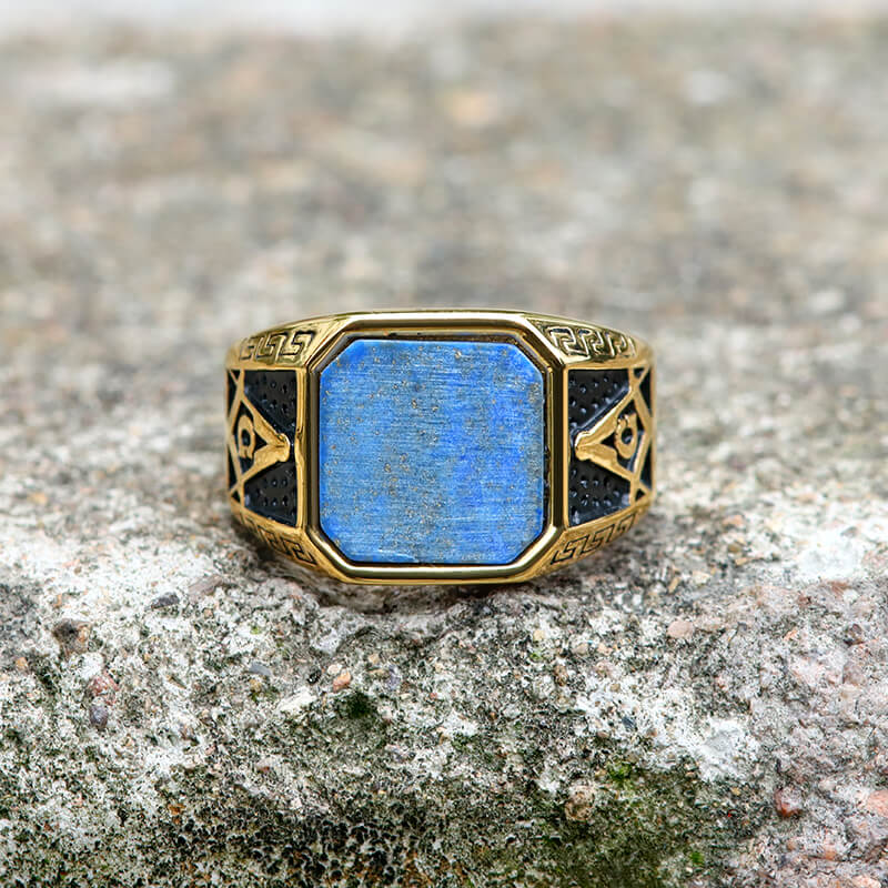 Vintage Frosted Lapis Lazuli Masonic Stainless Steel Ring