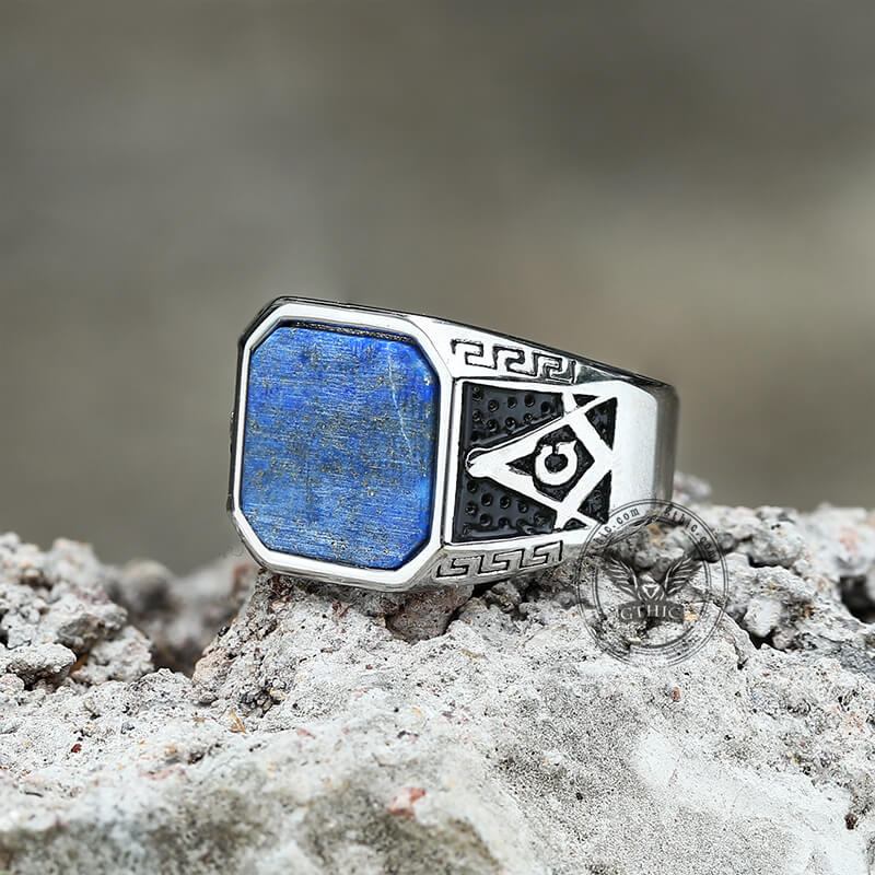 Vintage Frosted Lapis Lazuli Masonic Stainless Steel Ring