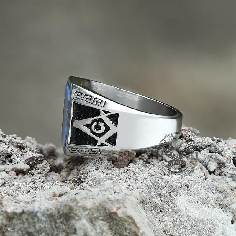 Vintage Frosted Lapis Lazuli Masonic Stainless Steel Ring