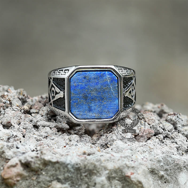 Vintage Frosted Lapis Lazuli Masonic Stainless Steel Ring